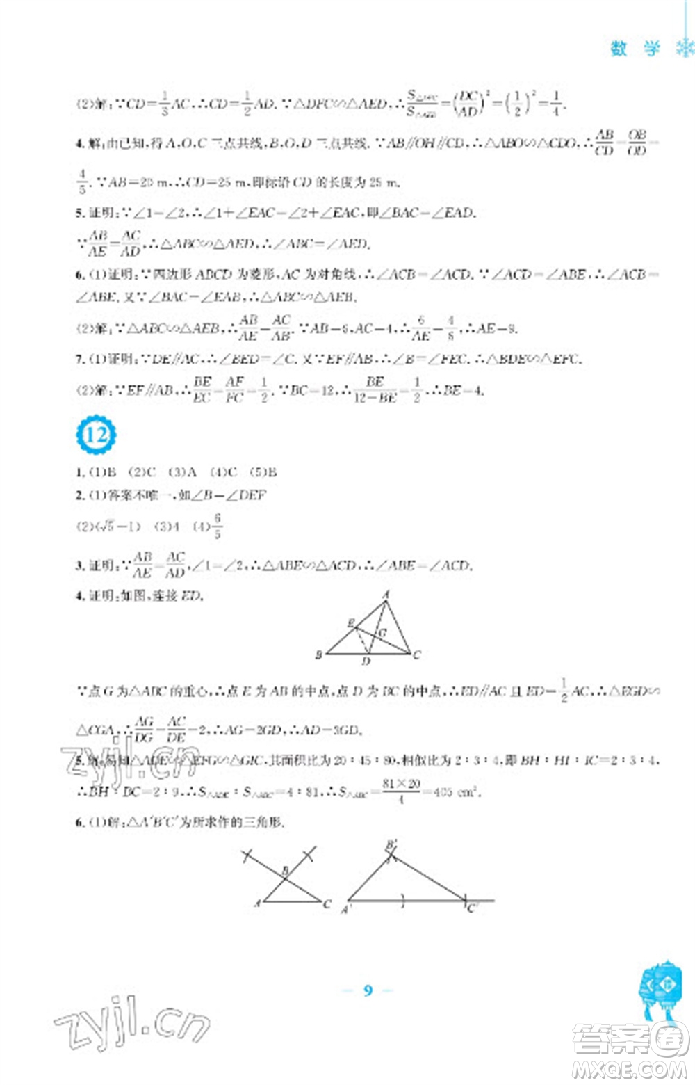 安徽教育出版社2023寒假作業(yè)九年級(jí)數(shù)學(xué)北師大版參考答案