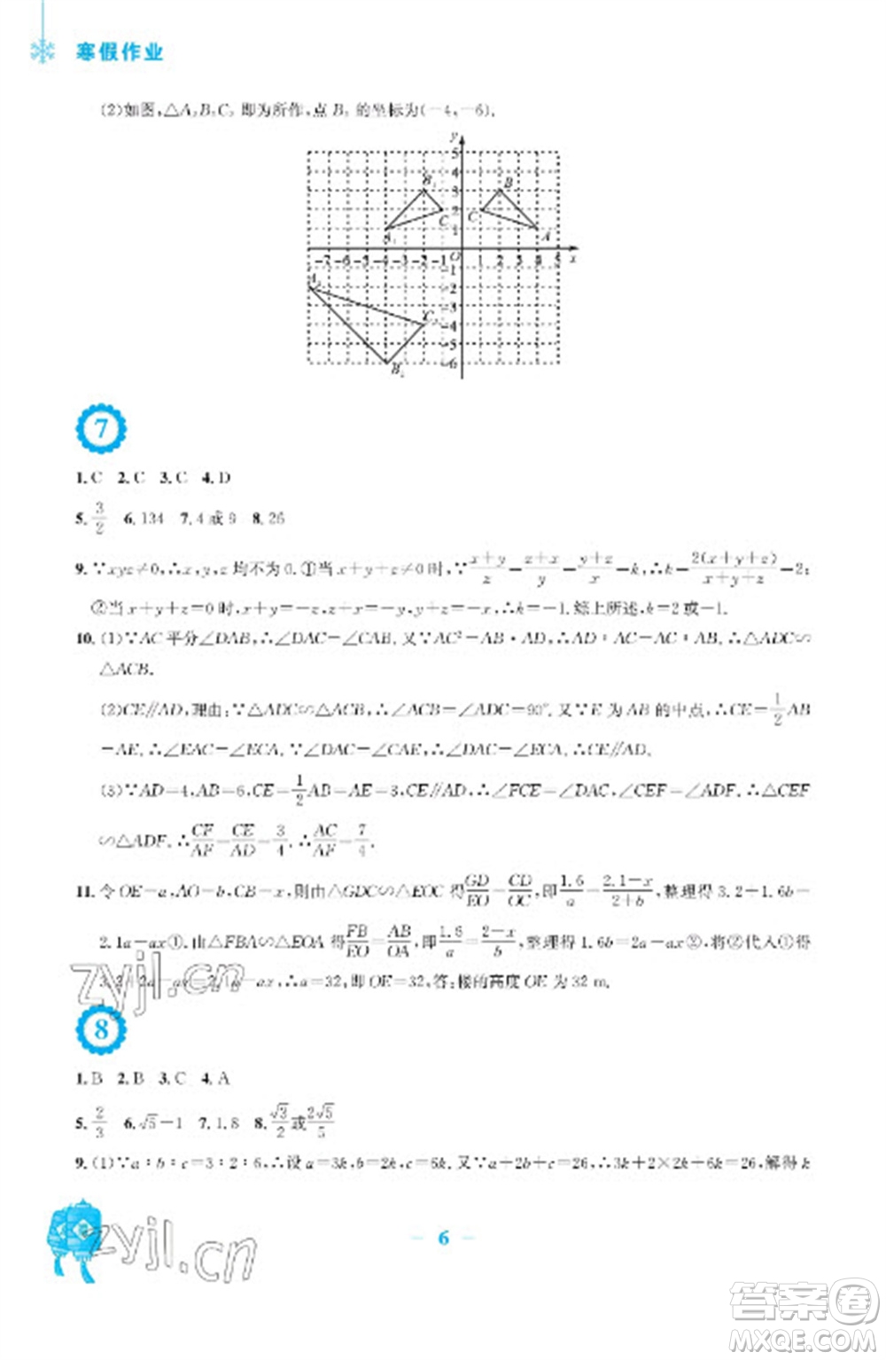 安徽教育出版社2023寒假作業(yè)九年級數(shù)學(xué)通用版參考答案