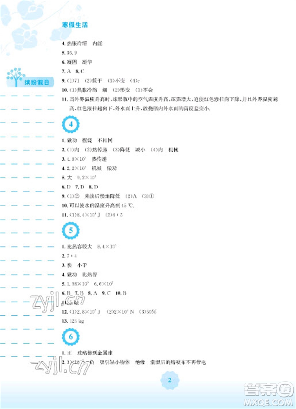 安徽教育出版社2023寒假生活九年級(jí)物理通用版S參考答案