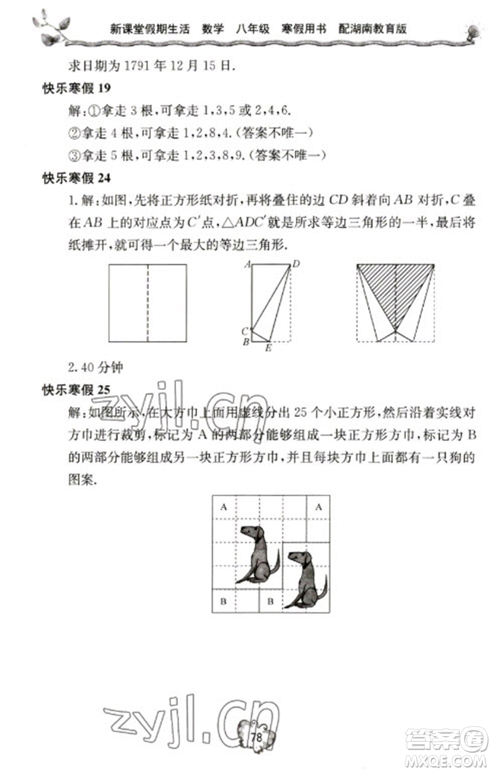 北京教育出版社2023新課堂假期生活寒假用書八年級數(shù)學(xué)湘教版參考答案