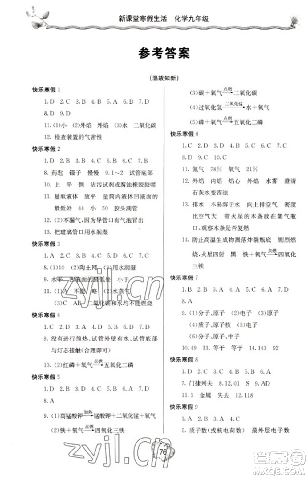 北京教育出版社2023新課堂寒假生活九年級(jí)化學(xué)人教版參考答案