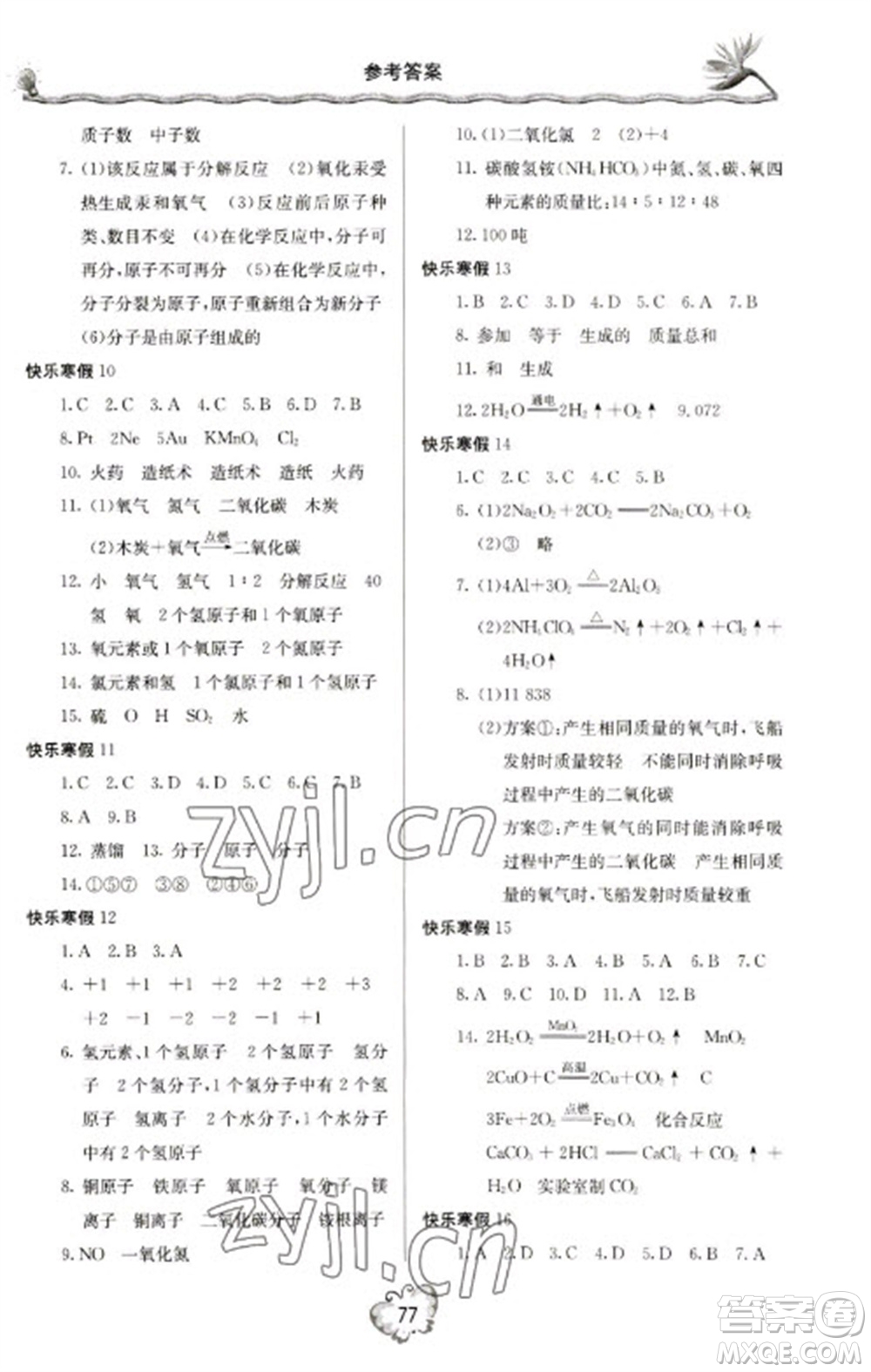 北京教育出版社2023新課堂寒假生活九年級(jí)化學(xué)人教版參考答案