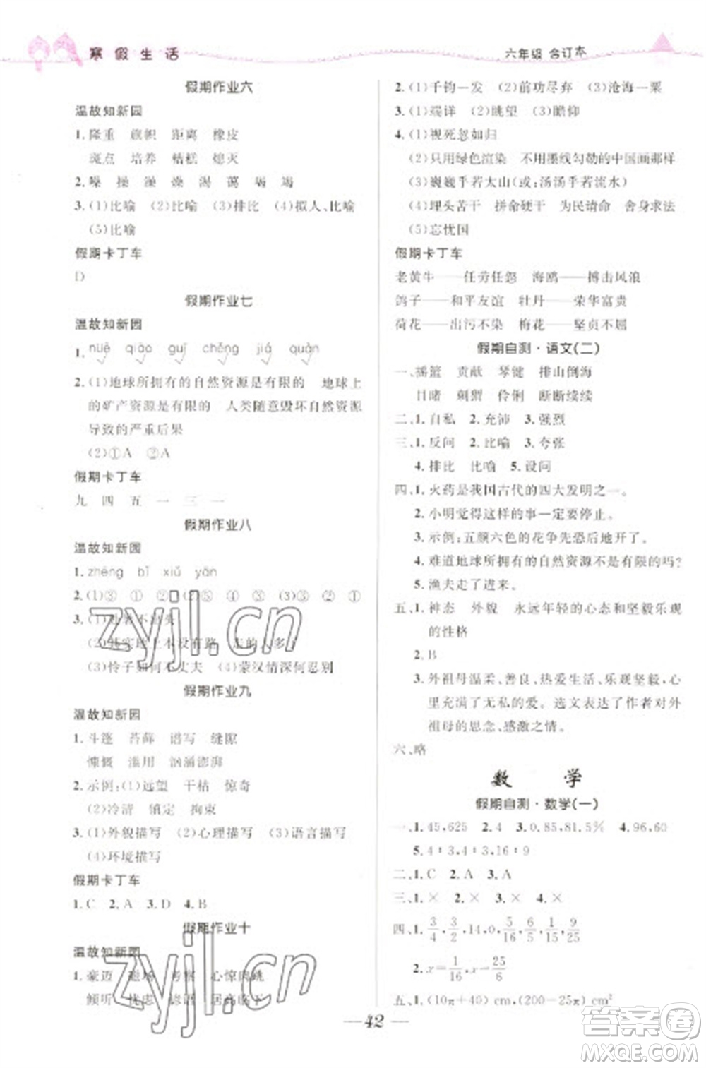 北京師范大學(xué)出版社2023寒假生活六年級(jí)合訂本人教版參考答案