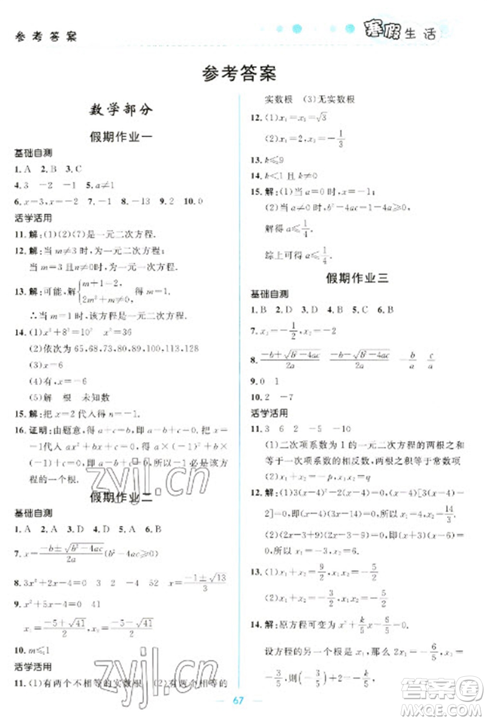 北京師范大學(xué)出版社2023寒假生活九年級理科合訂本人教版參考答案