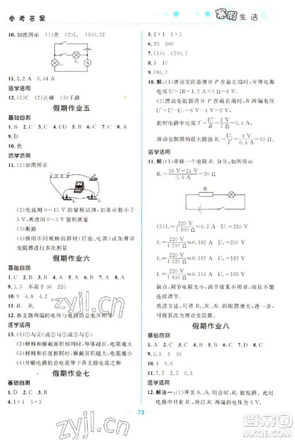 北京師范大學(xué)出版社2023寒假生活九年級理科合訂本人教版參考答案