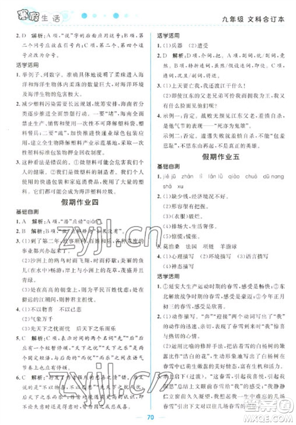 北京師范大學(xué)出版社2023寒假生活九年級文科合訂本人教版參考答案