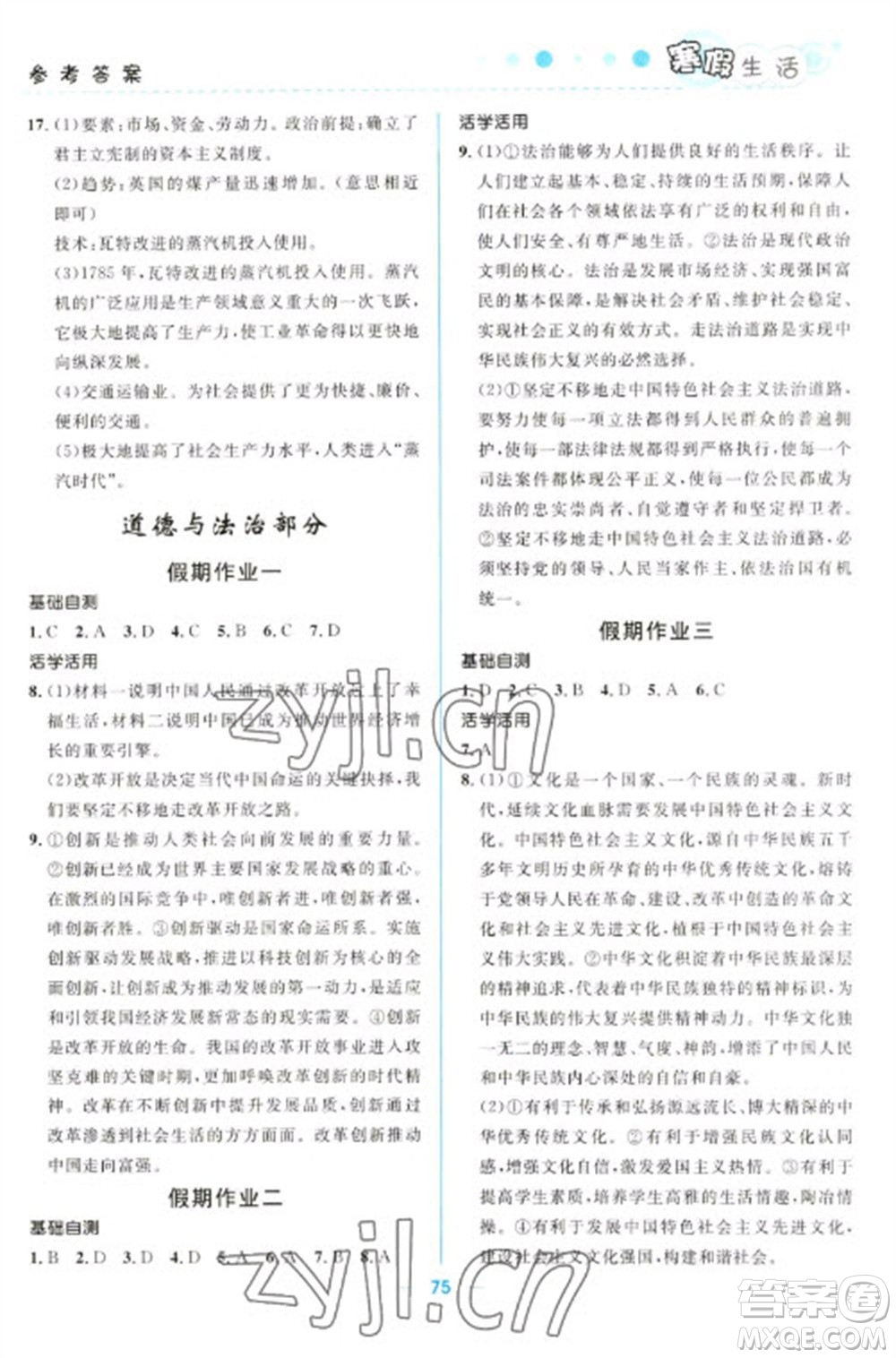 北京師范大學(xué)出版社2023寒假生活九年級文科合訂本人教版參考答案