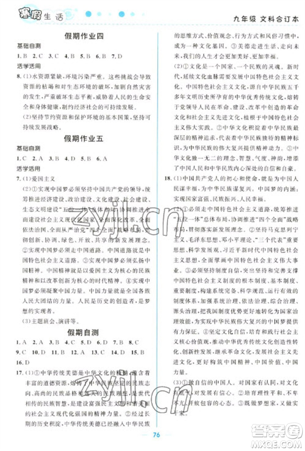 北京師范大學(xué)出版社2023寒假生活九年級文科合訂本人教版參考答案