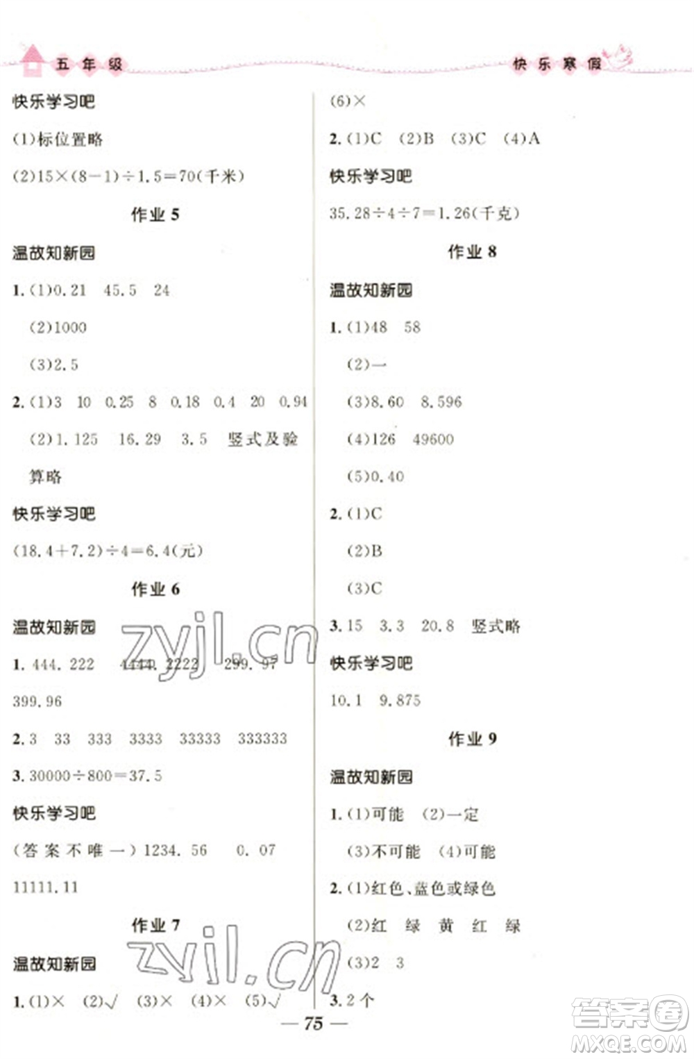 河北少年兒童出版社2023贏在起跑線快樂寒假五年級合訂本通用版福建專版參考答案