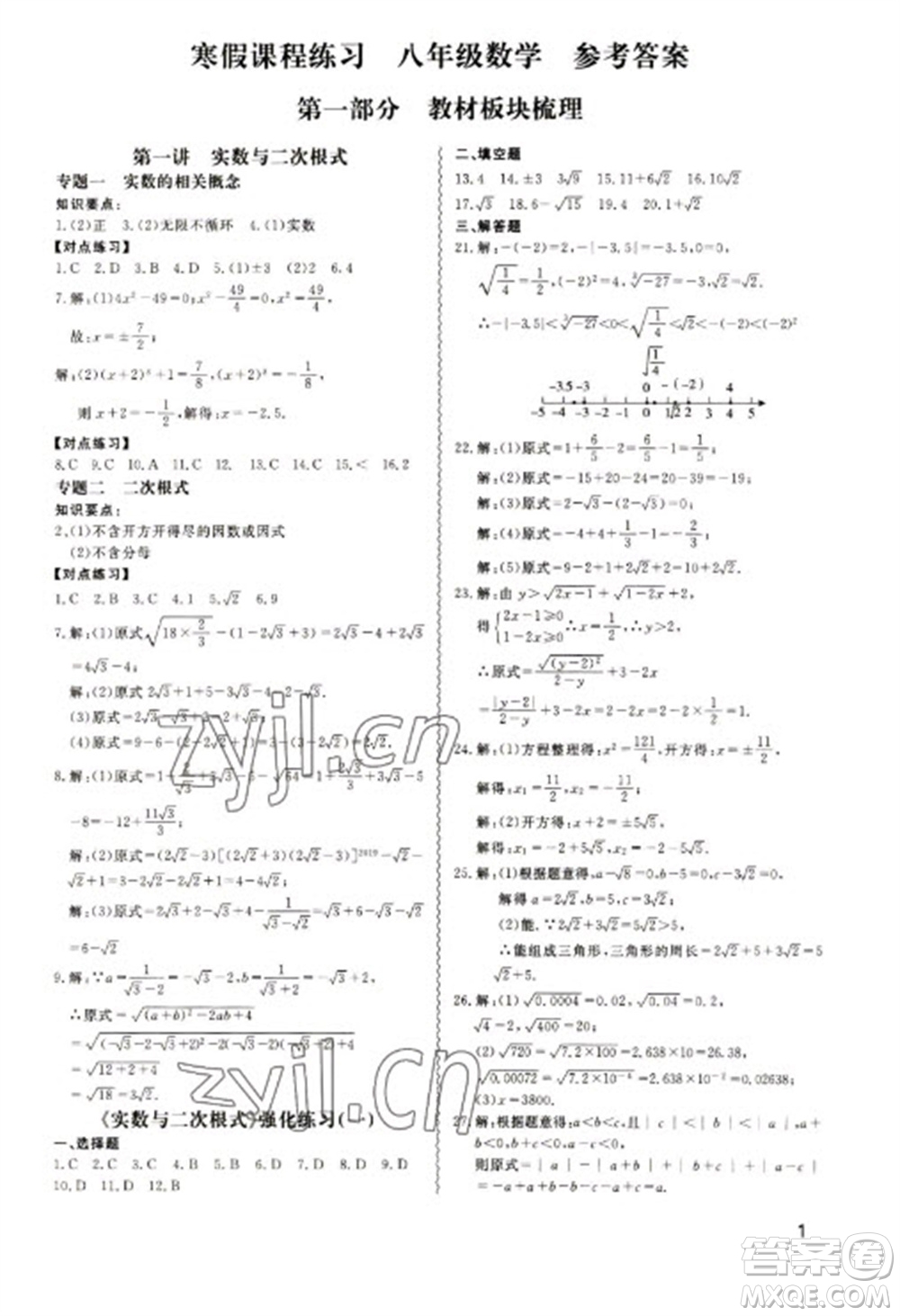 天津教育出版社2023寒假課程練習(xí)八年級數(shù)學(xué)人教版參考答案