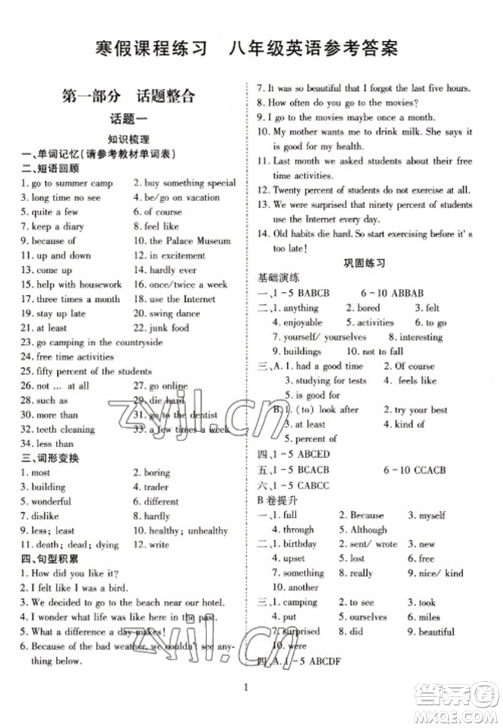 天津教育出版社2023寒假課程練習(xí)八年級(jí)英語人教版參考答案