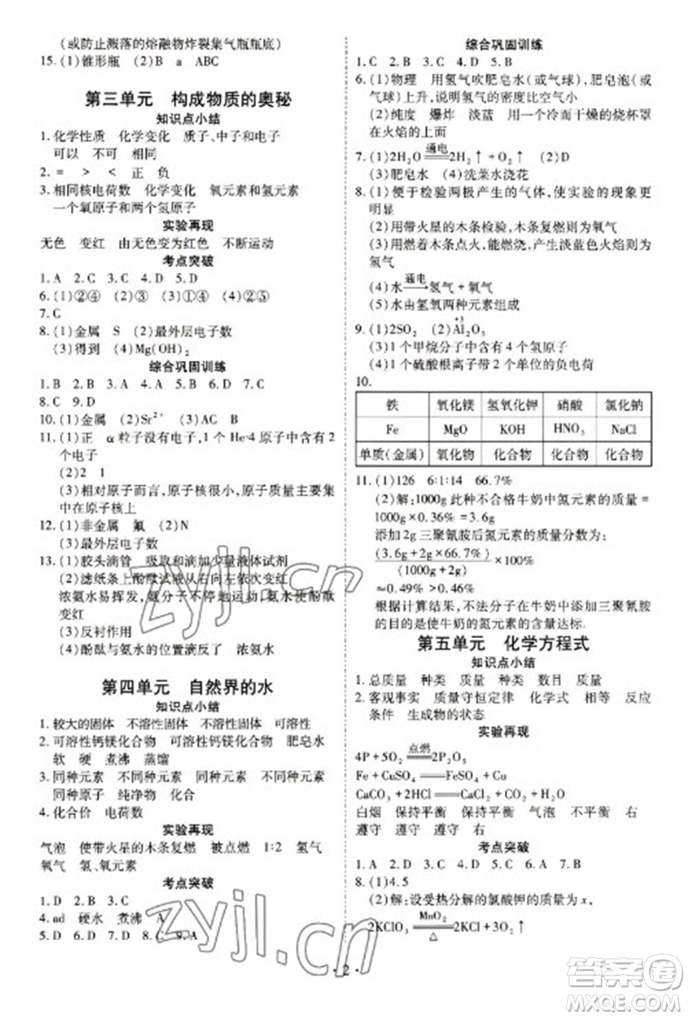 天津教育出版社2023寒假課程練習(xí)九年級(jí)化學(xué)人教版參考答案