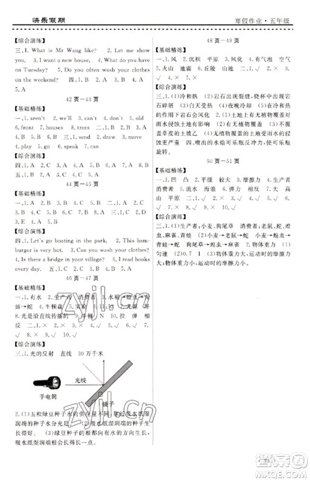 寧波出版社2023快樂假期寒假作業(yè)五年級(jí)合訂本通用版參考答案