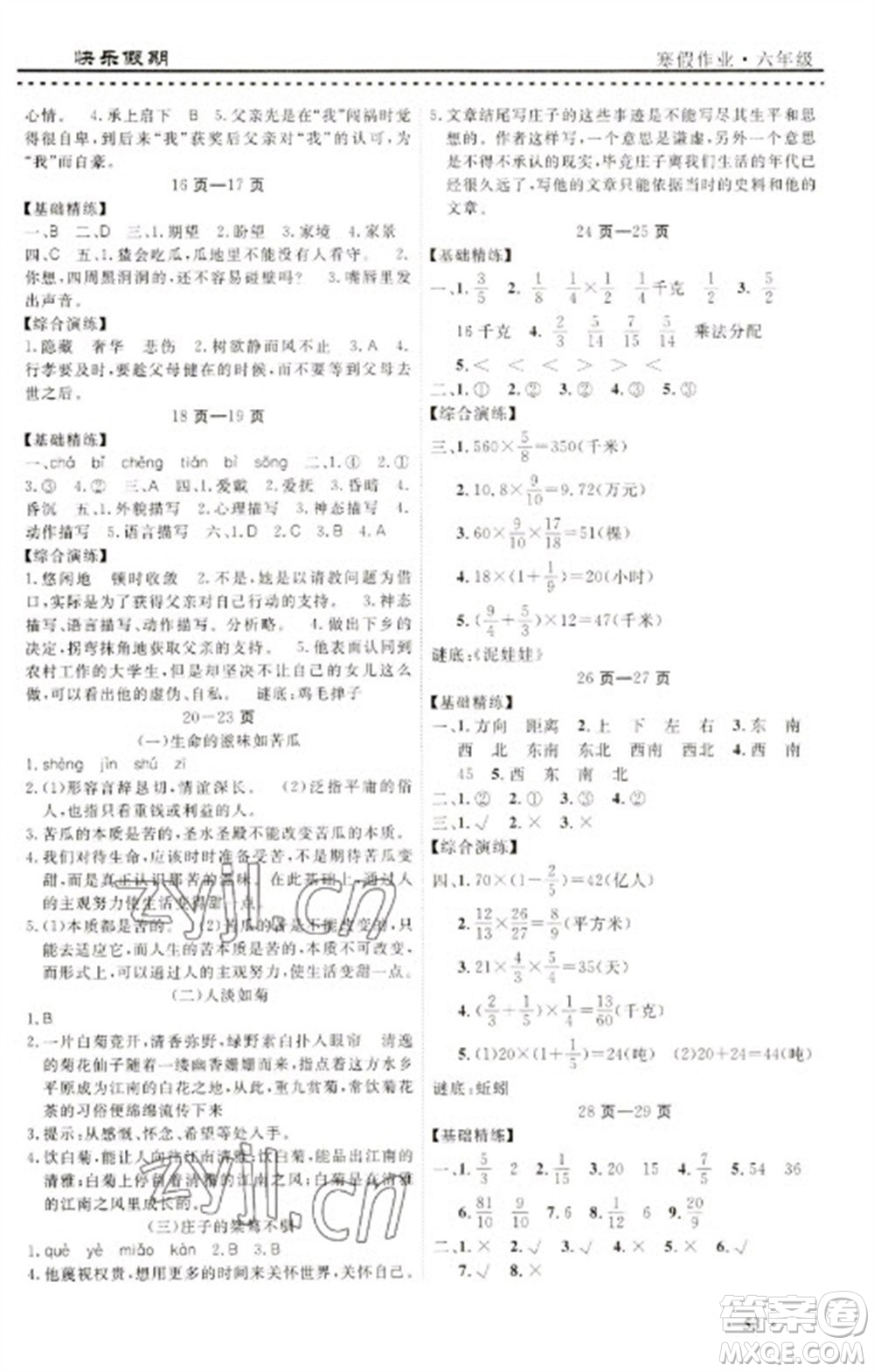 寧波出版社2023快樂假期寒假作業(yè)六年級合訂本通用版參考答案