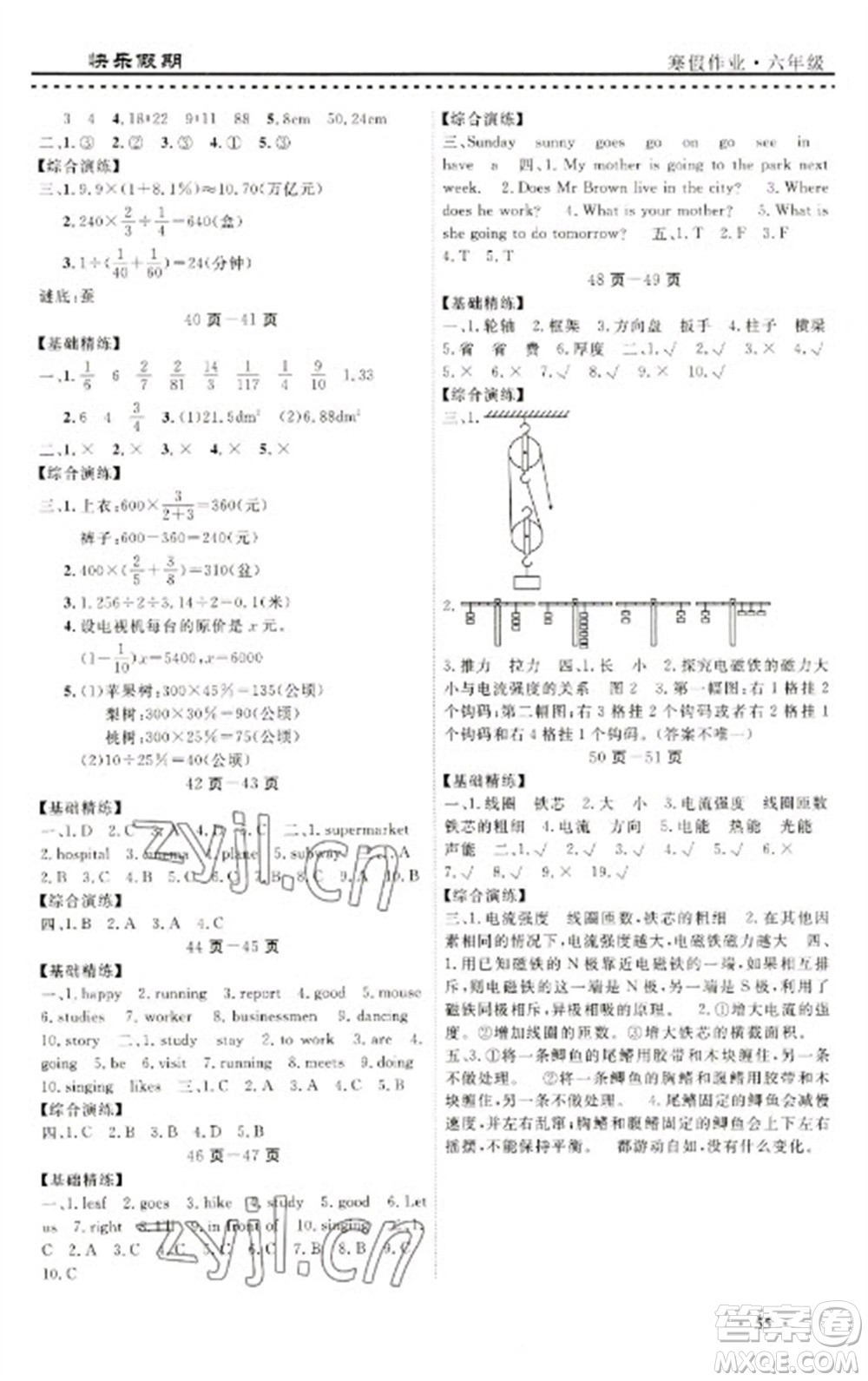 寧波出版社2023快樂假期寒假作業(yè)六年級合訂本通用版參考答案