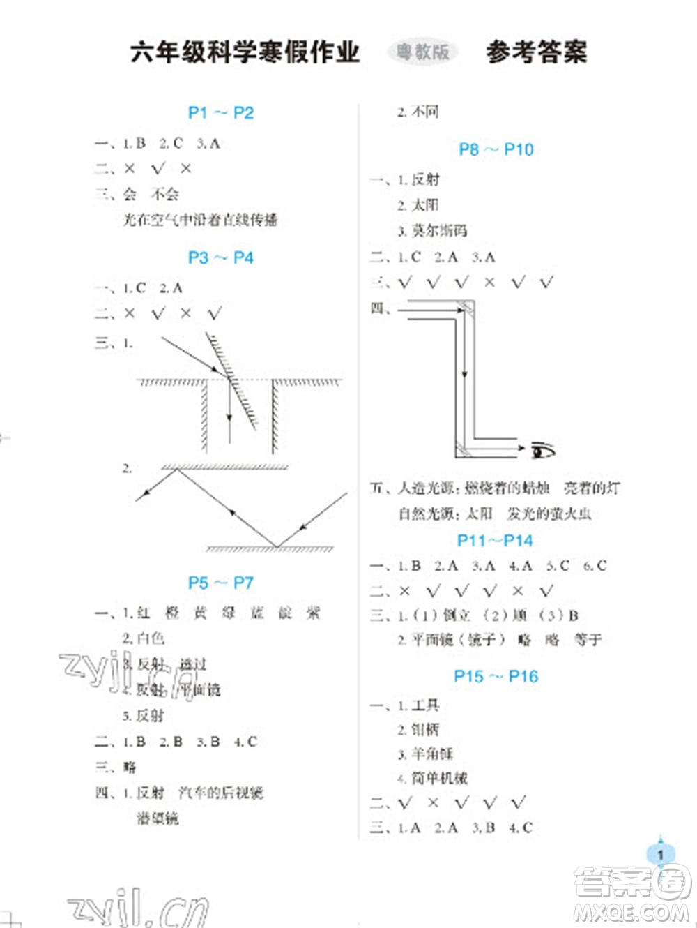 長(zhǎng)江少年兒童出版社2023寒假作業(yè)六年級(jí)科學(xué)粵教版參考答案