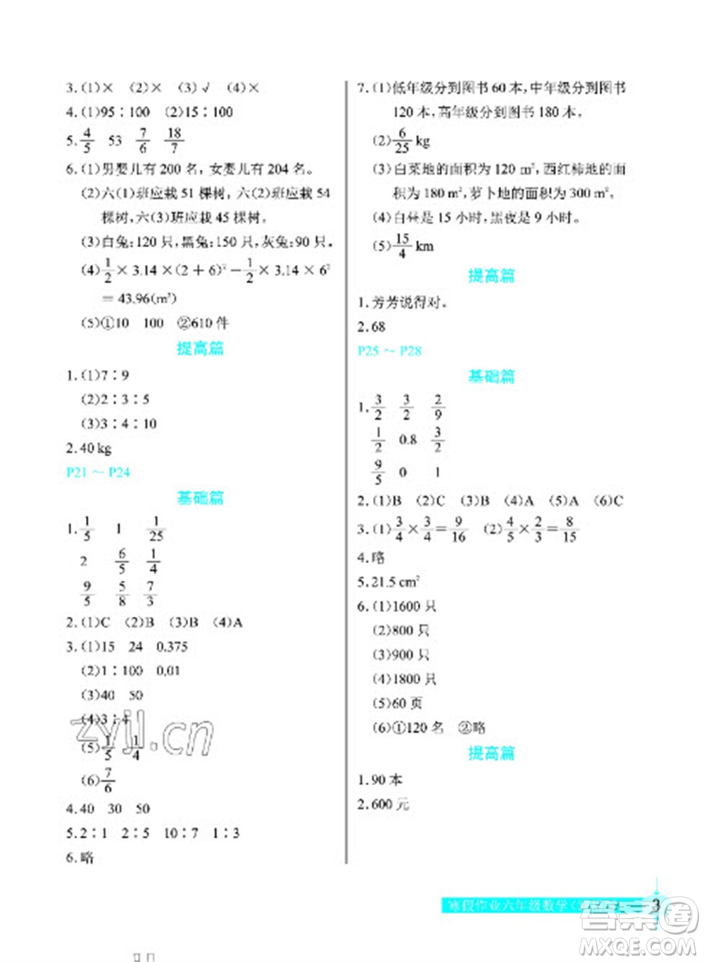 長江少年兒童出版社2023寒假作業(yè)六年級數(shù)學(xué)人教版參考答案