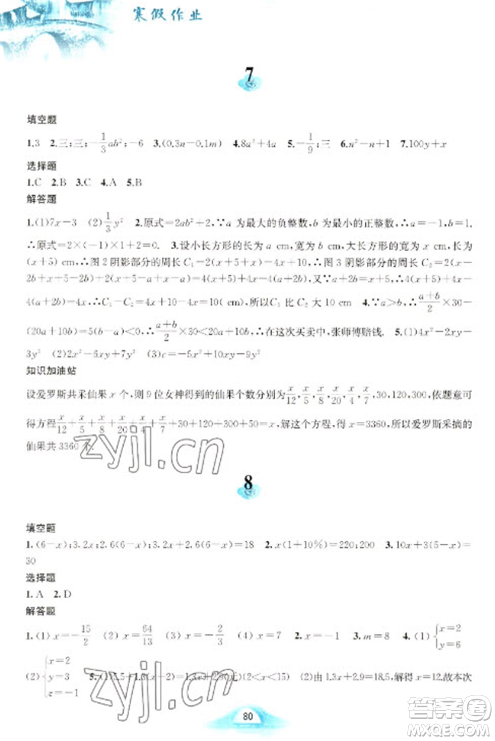 黃山書社2023寒假作業(yè)七年級(jí)數(shù)學(xué)滬科版參考答案