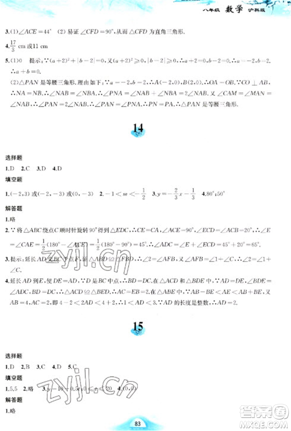 黃山書社2023寒假作業(yè)八年級數(shù)學(xué)滬科版參考答案