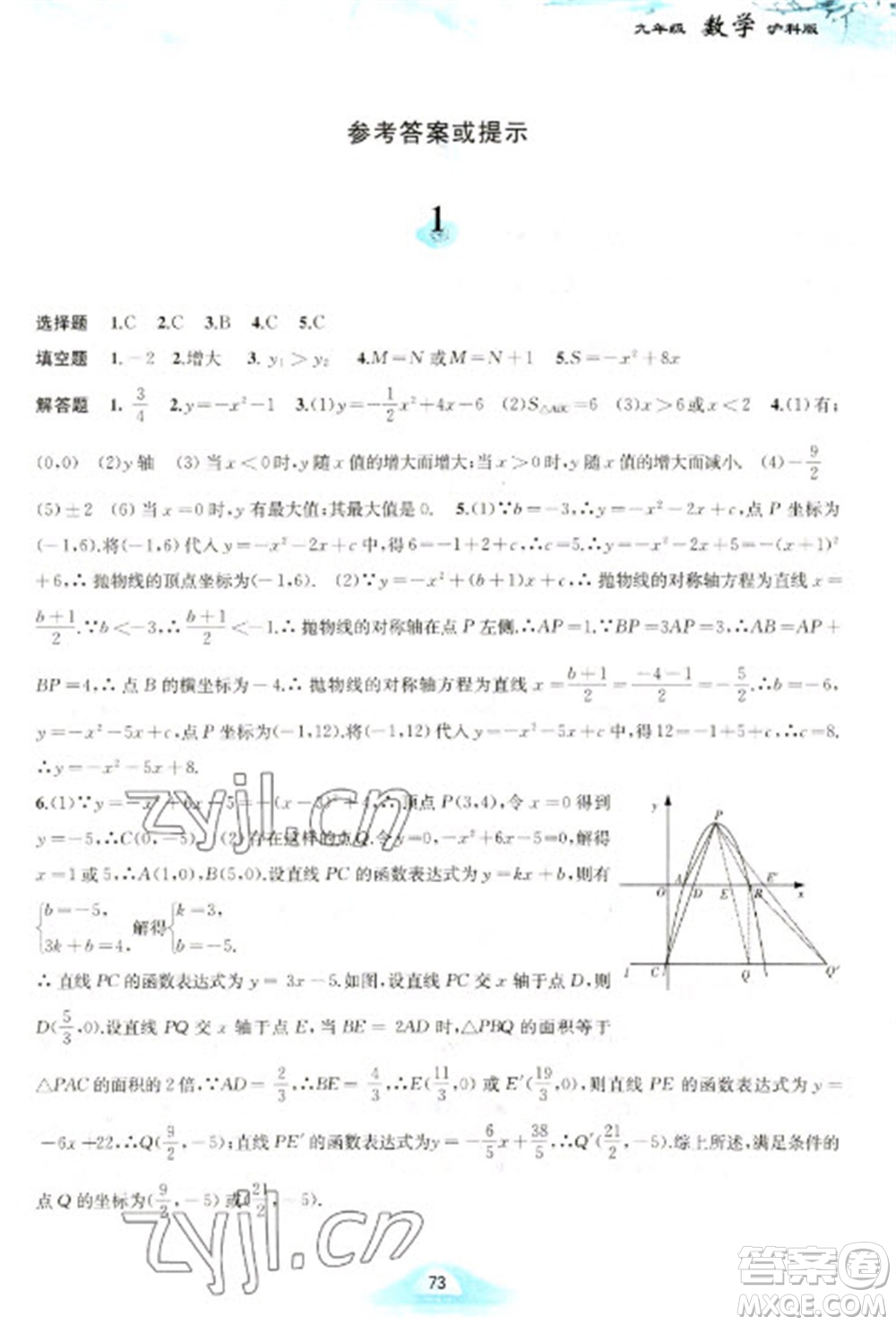 黃山書社2023寒假作業(yè)九年級數(shù)學(xué)滬科版參考答案