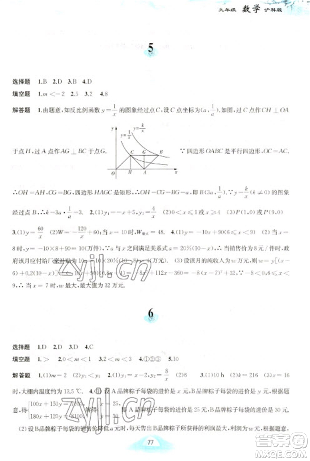 黃山書社2023寒假作業(yè)九年級數(shù)學(xué)滬科版參考答案