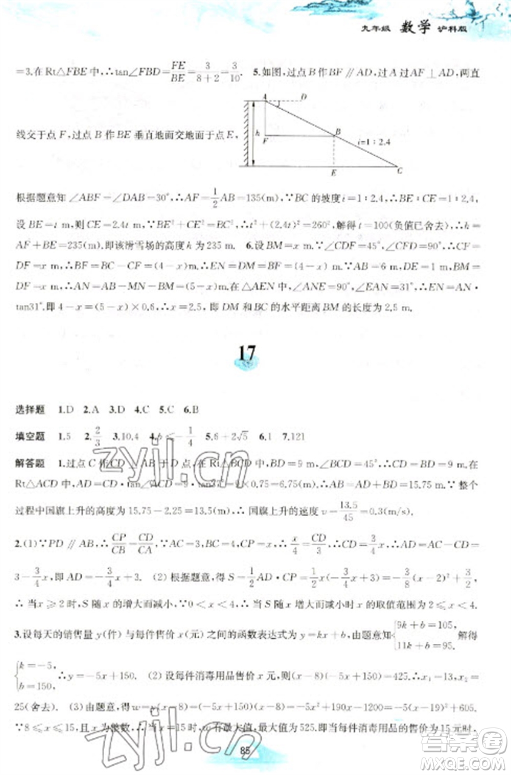 黃山書社2023寒假作業(yè)九年級數(shù)學(xué)滬科版參考答案