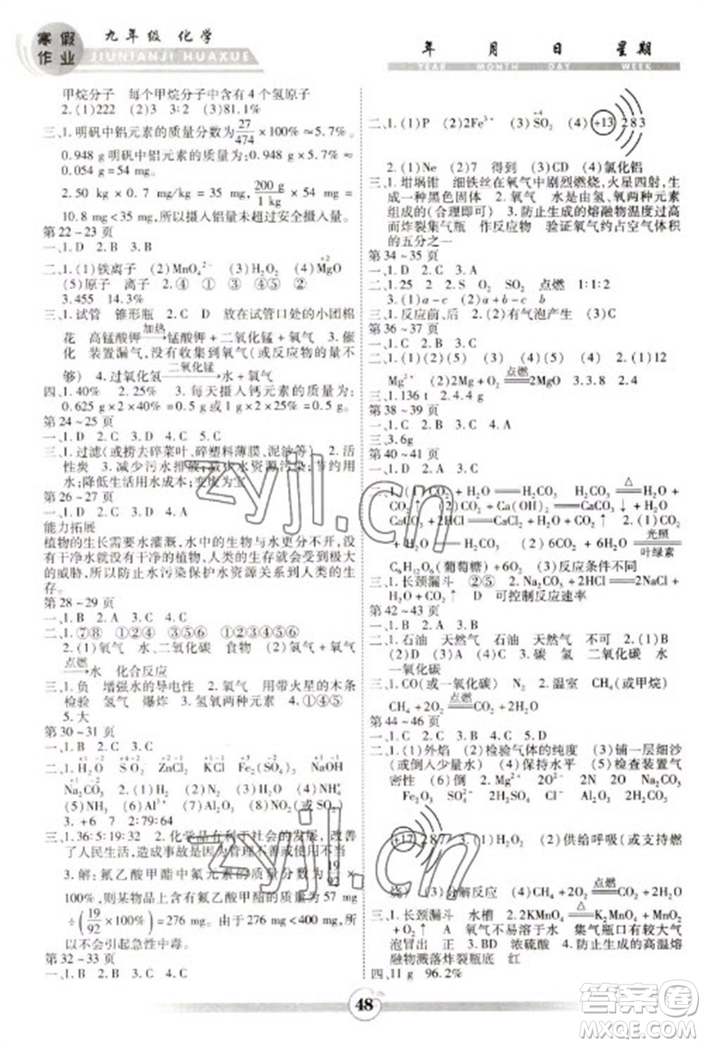 云南科技出版社2023智趣寒假作業(yè)九年級化學人教版參考答案