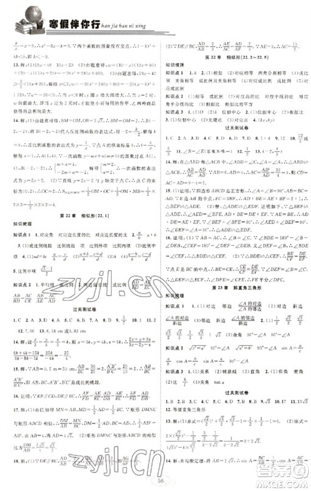 合肥工業(yè)大學(xué)出版社2023假期伴你行寒假復(fù)習(xí)計劃九年級數(shù)學(xué)滬科版參考答案