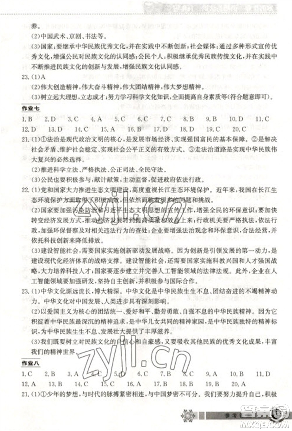 湖北教育出版社2023長江作業(yè)本寒假作業(yè)九年級道德與法治人教版參考答案