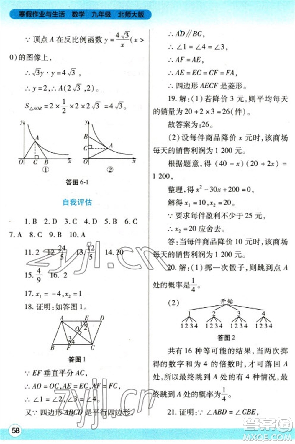 陜西師范大學(xué)出版總社2023寒假作業(yè)與生活九年級(jí)數(shù)學(xué)北師大版參考答案