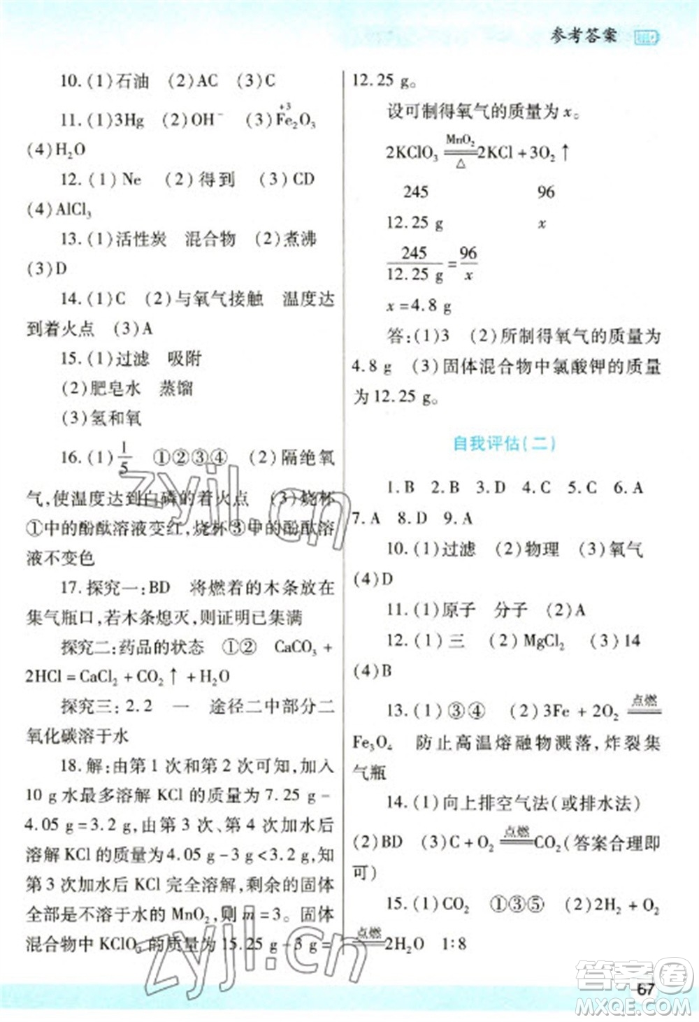 陜西師范大學(xué)出版總社2023寒假作業(yè)與生活九年級(jí)化學(xué)人教版參考答案