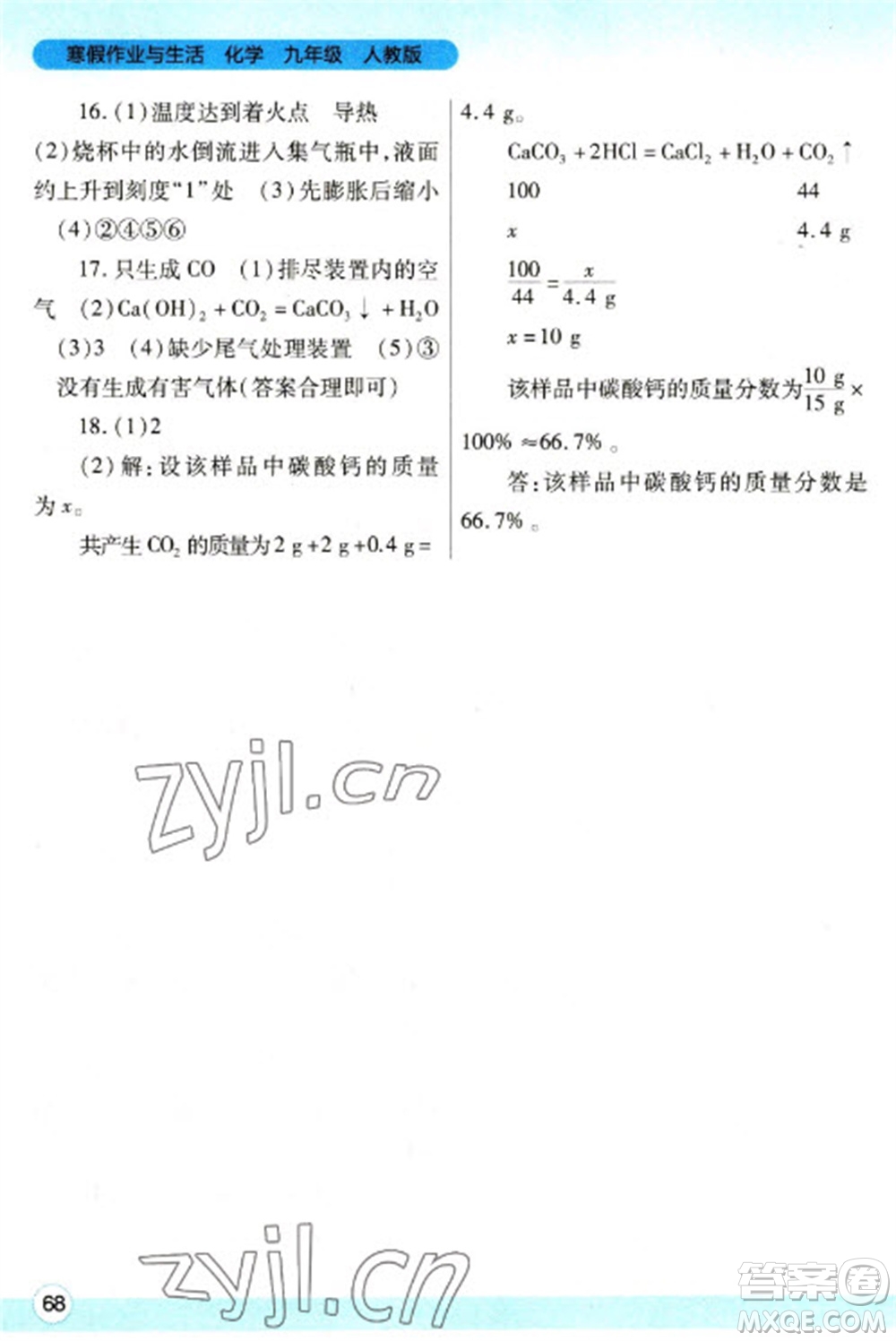 陜西師范大學(xué)出版總社2023寒假作業(yè)與生活九年級(jí)化學(xué)人教版參考答案