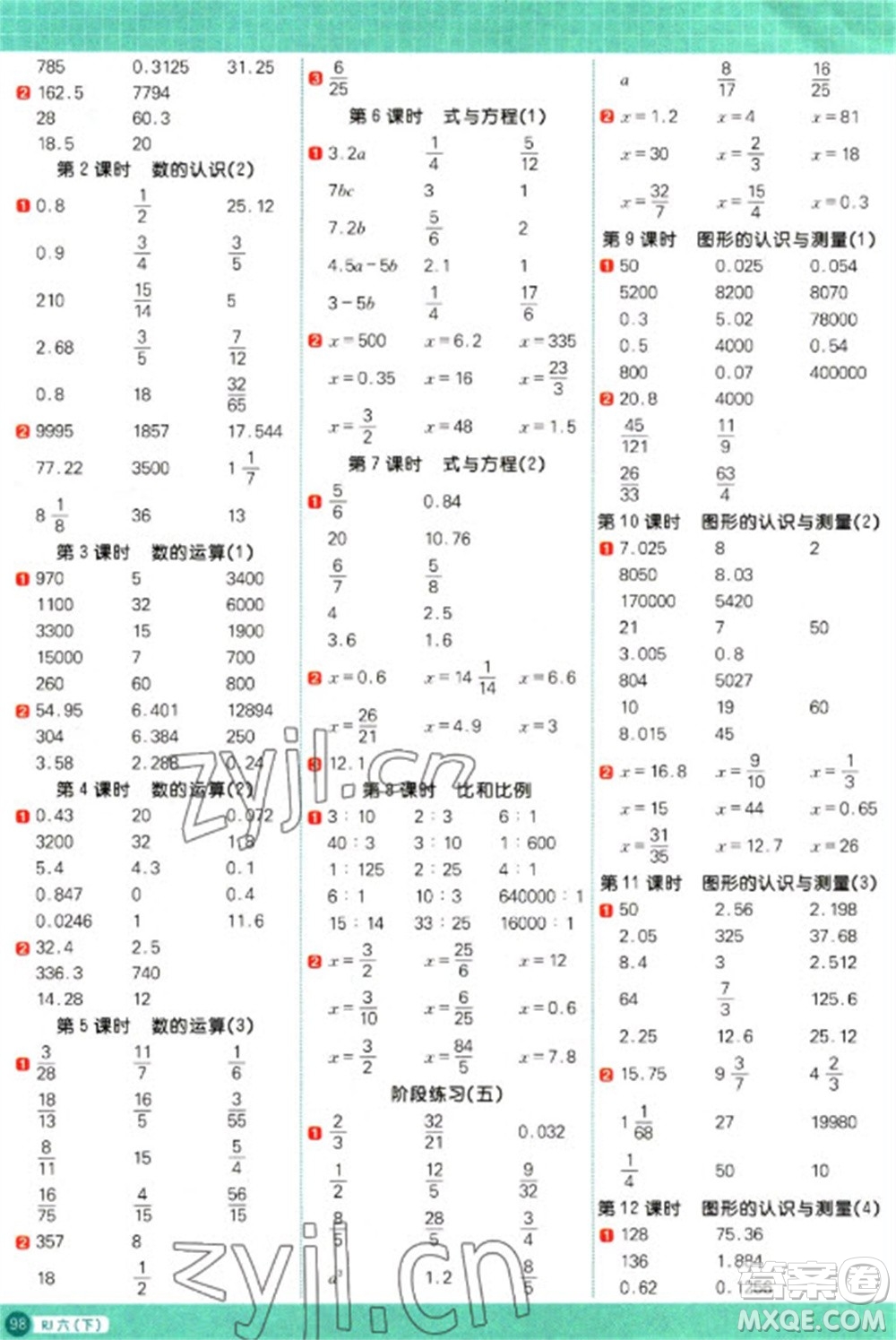 江西教育出版社2023陽(yáng)光同學(xué)計(jì)算小達(dá)人六年級(jí)下冊(cè)數(shù)學(xué)人教版參考答案