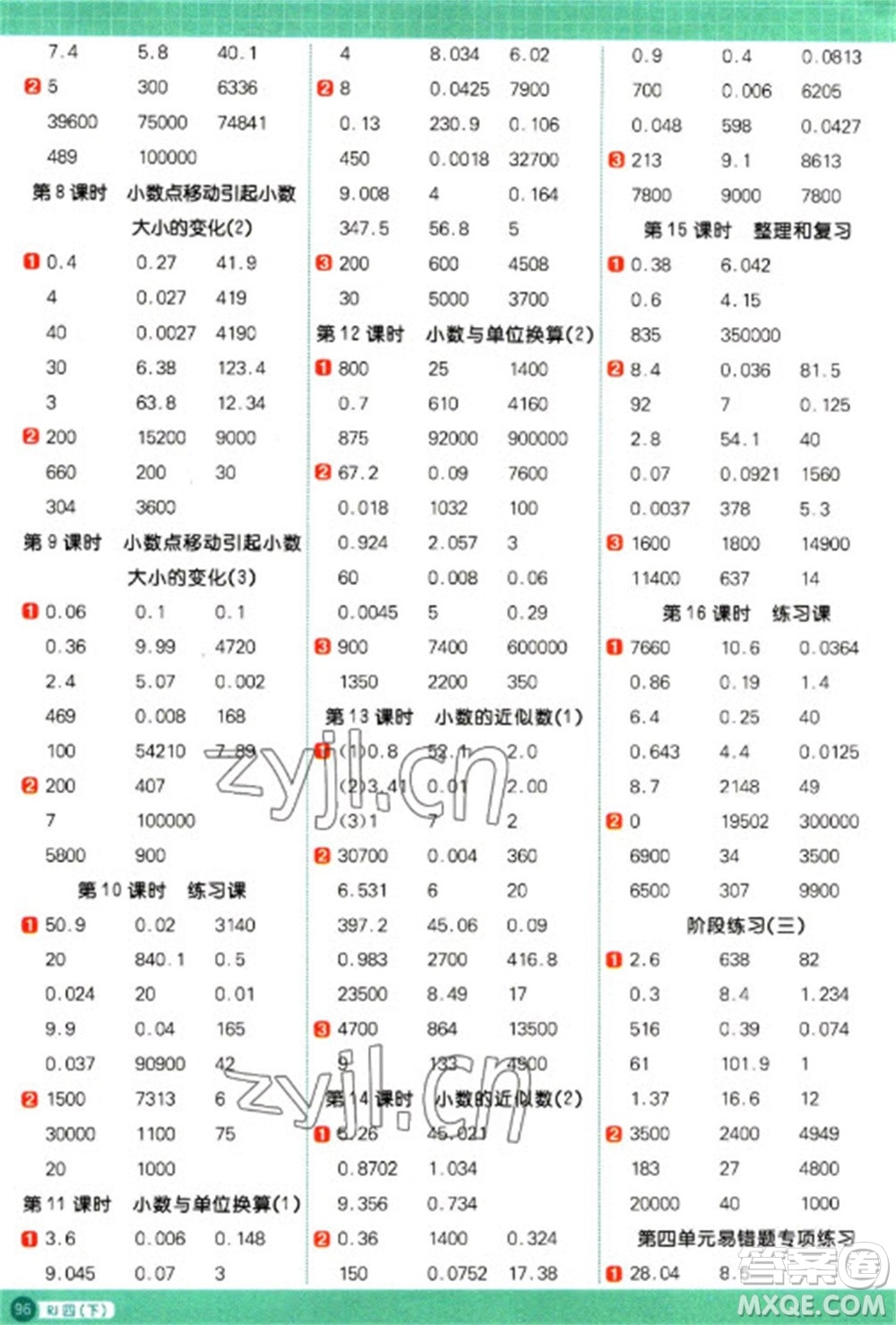 江西教育出版社2023陽(yáng)光同學(xué)計(jì)算小達(dá)人四年級(jí)下冊(cè)數(shù)學(xué)人教版參考答案