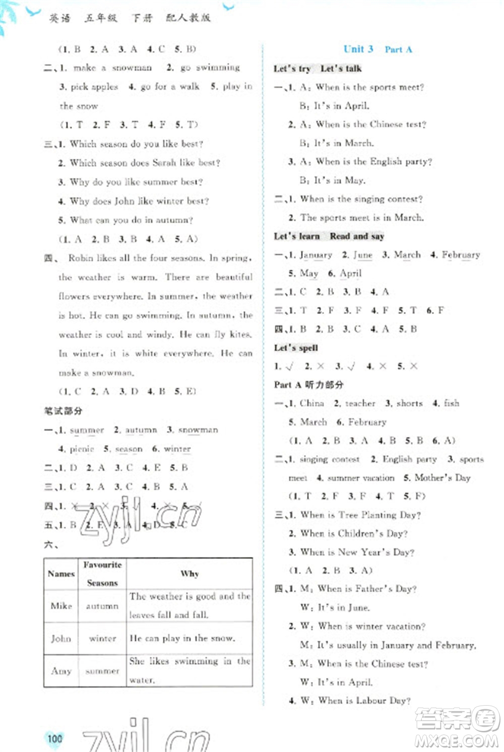 廣西教育出版社2023新課程學習與測評同步學習五年級下冊英語人教版參考答案