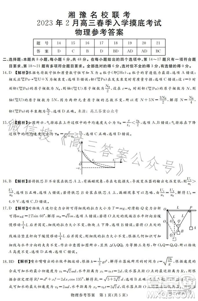 湘豫名校聯(lián)考2023年2月高三春季入學(xué)摸底考試?yán)砜凭C合試卷答案