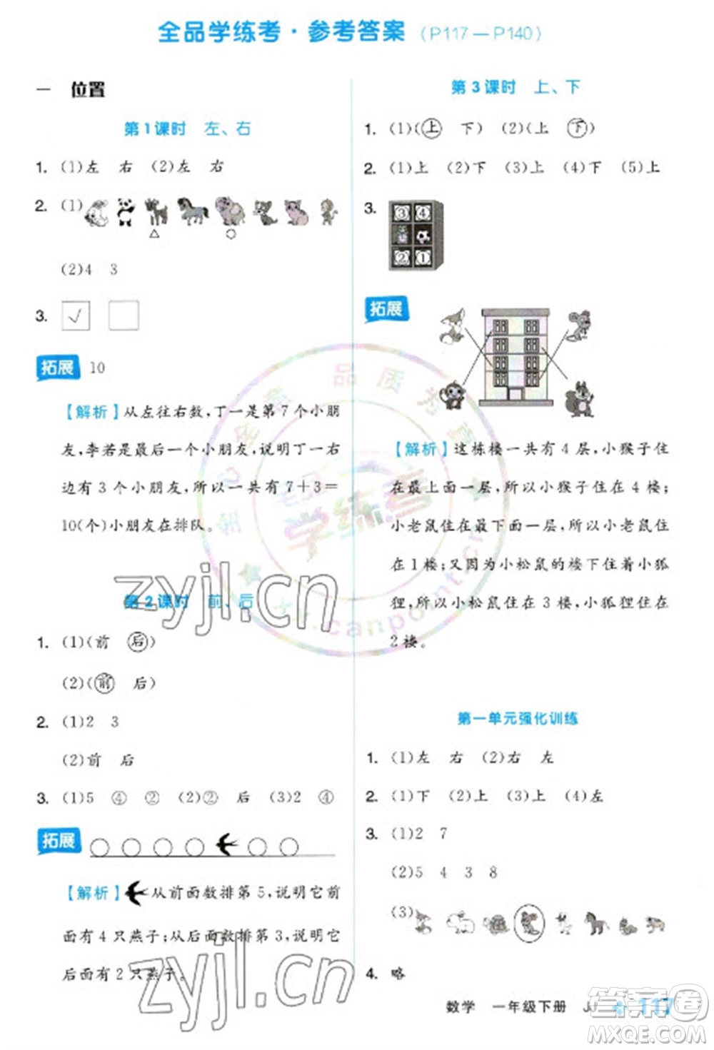 開(kāi)明出版社2023全品學(xué)練考一年級(jí)下冊(cè)數(shù)學(xué)冀教版參考答案