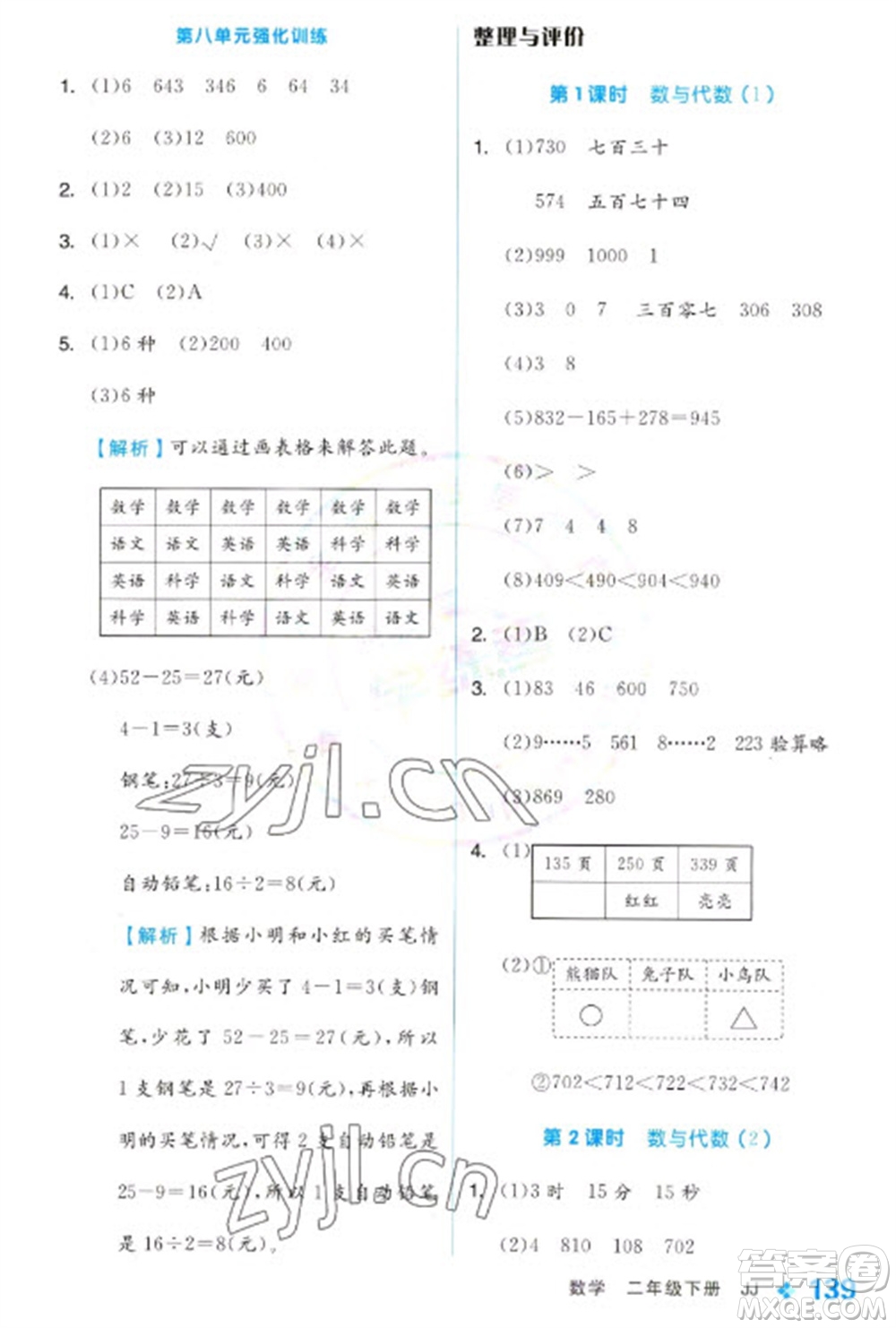 開明出版社2023全品學練考二年級下冊數(shù)學冀教版參考答案