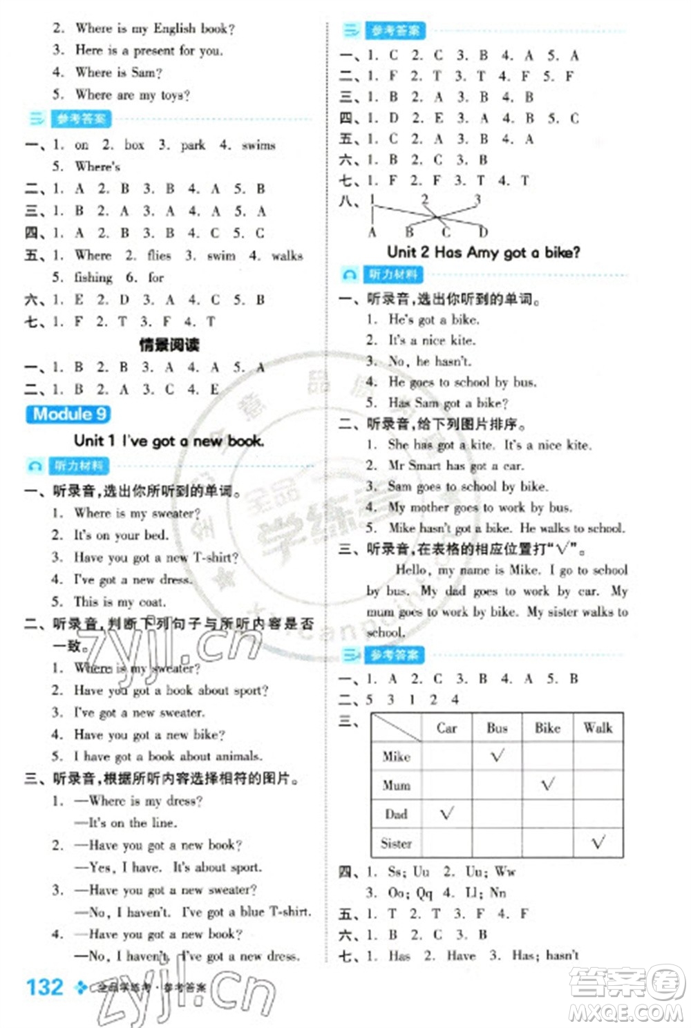 開明出版社2023全品學(xué)練考三年級(jí)下冊(cè)英語(yǔ)外研版參考答案