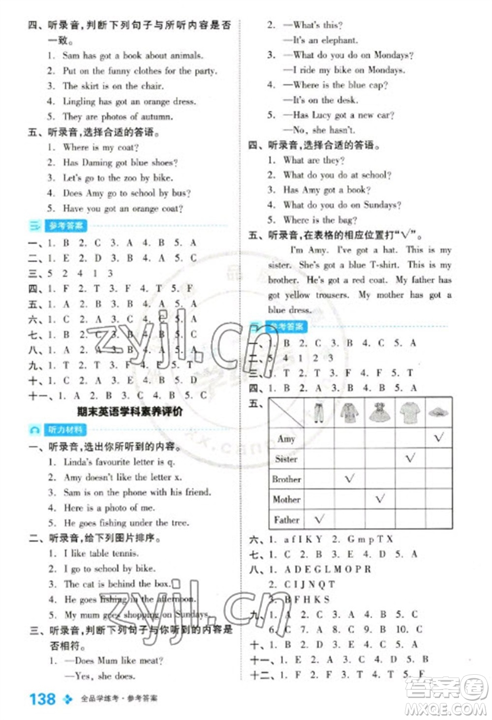 開明出版社2023全品學(xué)練考三年級(jí)下冊(cè)英語(yǔ)外研版參考答案