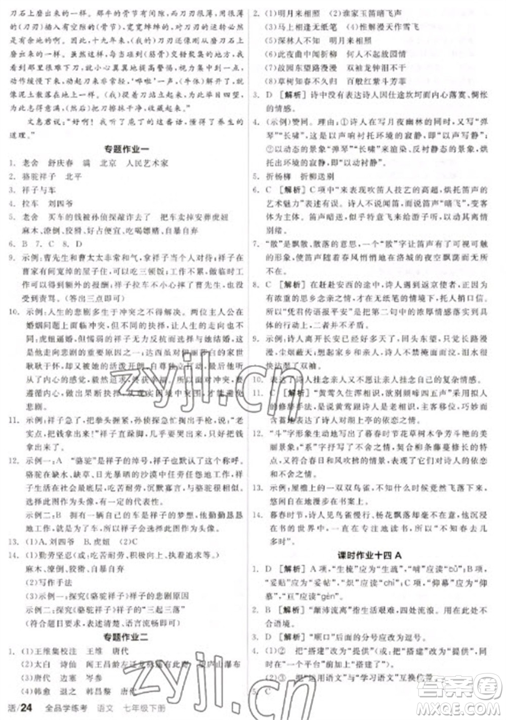 陽光出版社2023全品學練考七年級下冊語文人教版參考答案