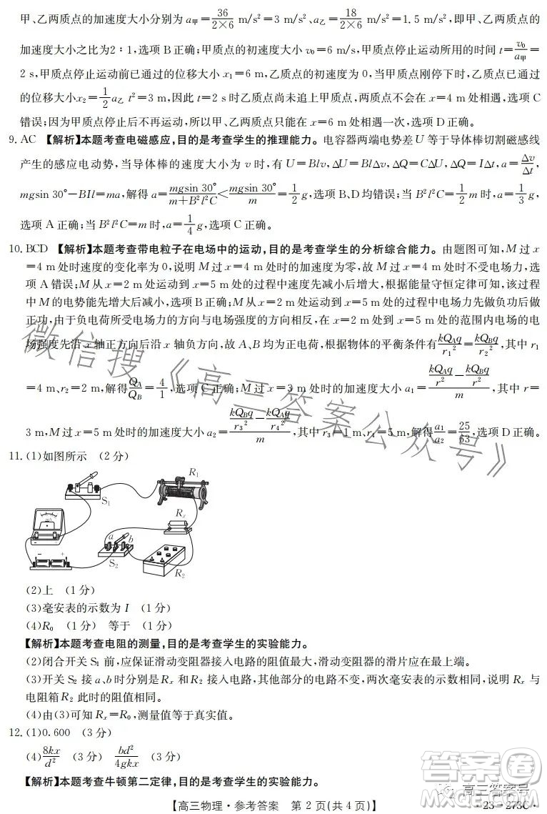 2023湖南金太陽(yáng)聯(lián)考23273C高三物理試卷答案