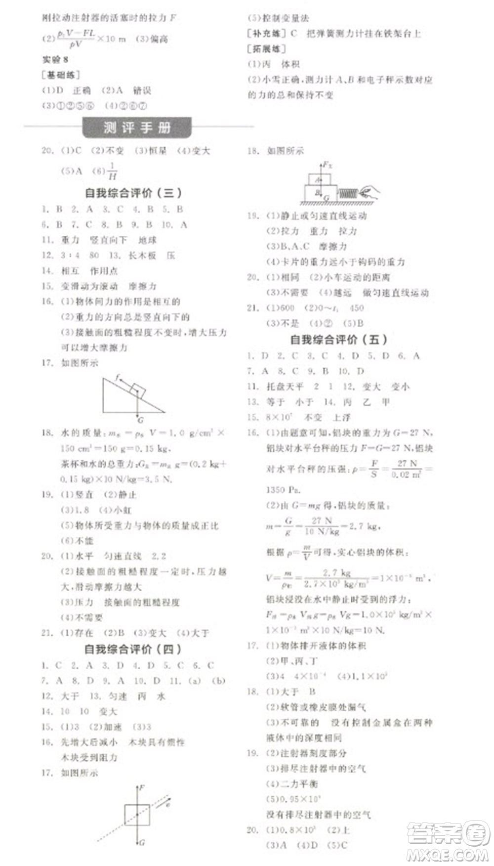 陽光出版社2023全品學練考八年級下冊物理蘇科版參考答案