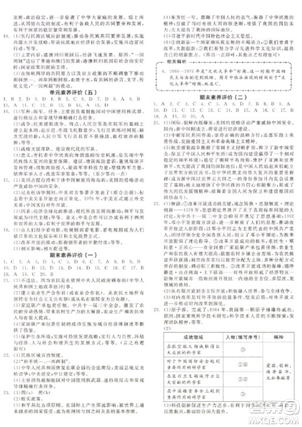 陽光出版社2023全品學(xué)練考八年級下冊中國歷史人教版參考答案