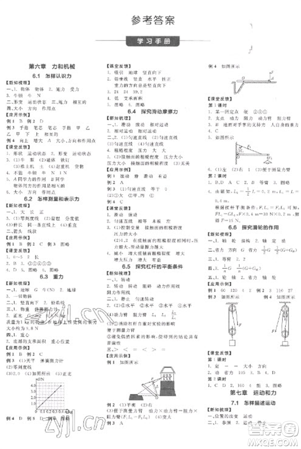 陽光出版社2023全品學(xué)練考八年級下冊物理滬粵版參考答案