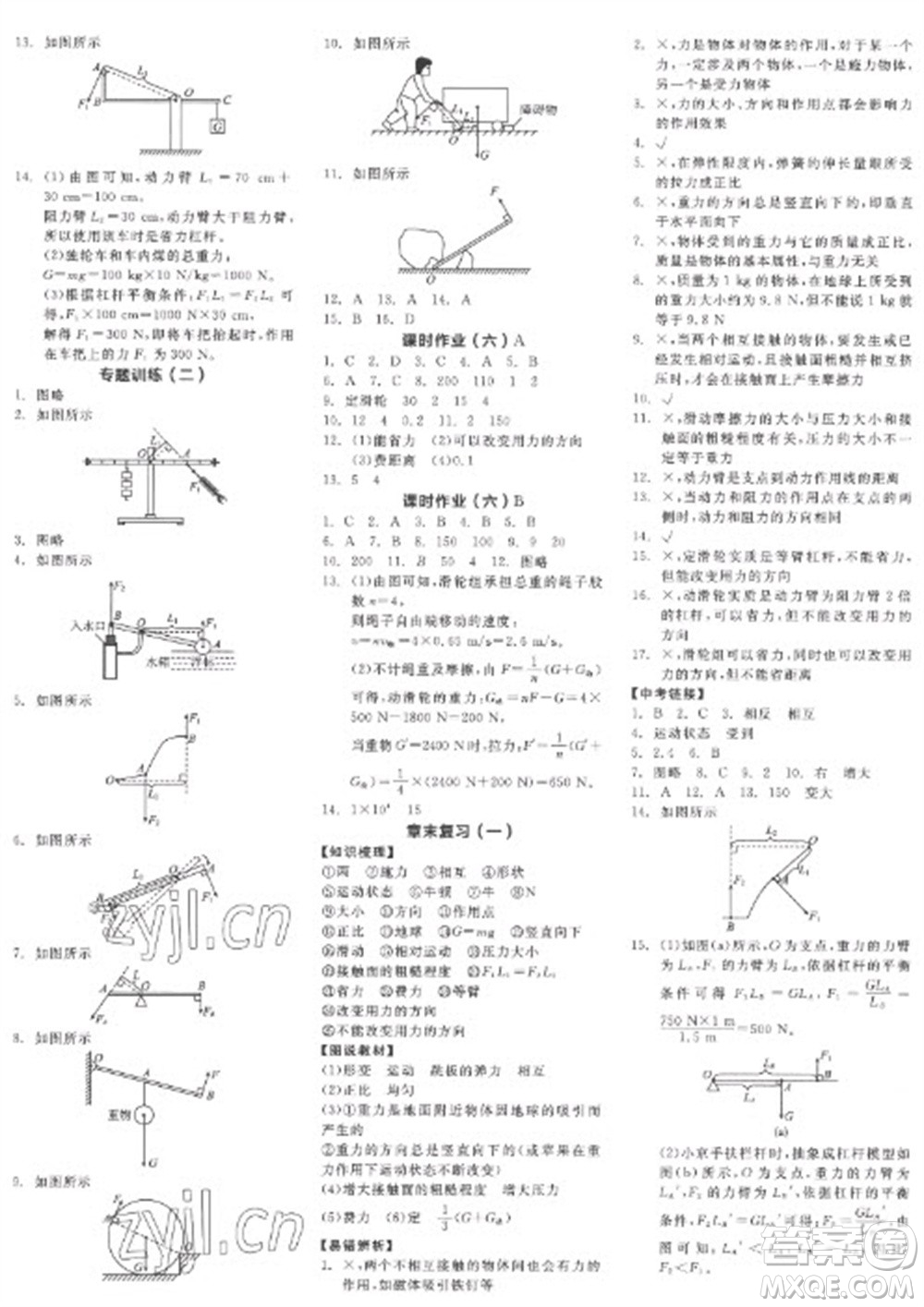 陽光出版社2023全品學(xué)練考八年級下冊物理滬粵版參考答案