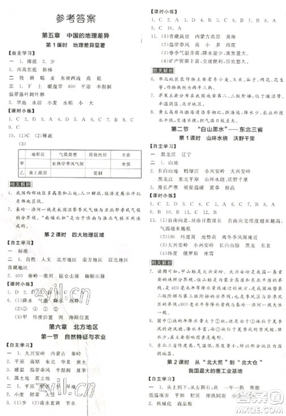 陽(yáng)光出版社2023全品學(xué)練考八年級(jí)下冊(cè)地理人教版參考答案