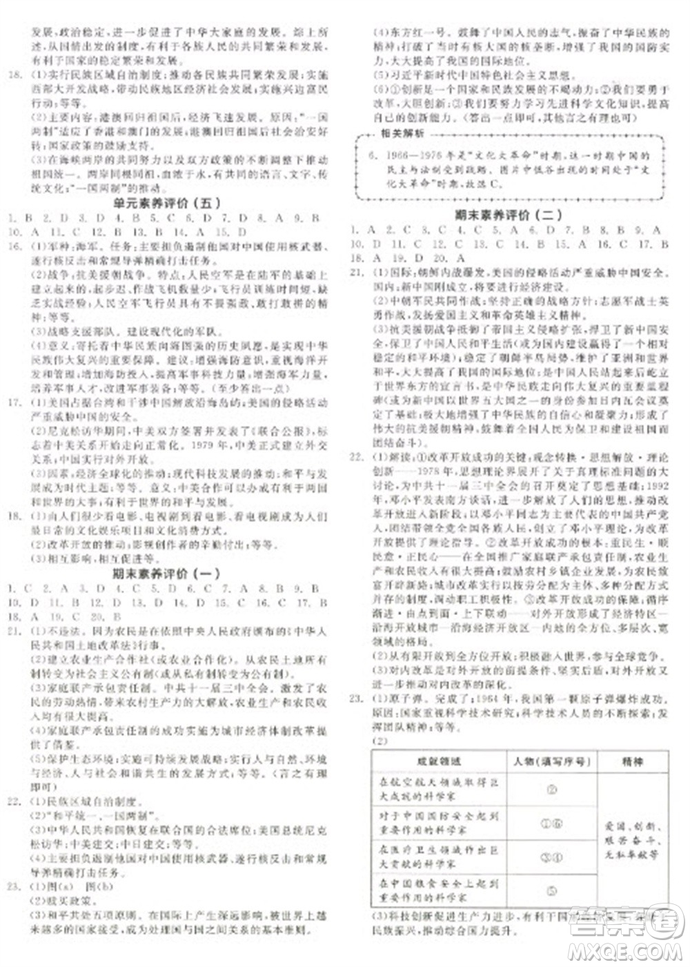 陽(yáng)光出版社2023全品學(xué)練考八年級(jí)下冊(cè)中國(guó)歷史人教版徐州專版參考答案