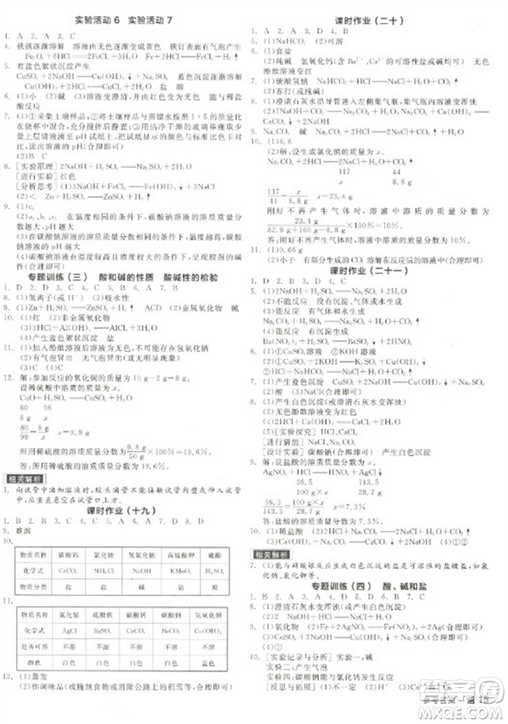 陽光出版社2023全品學練考九年級下冊化學人教版參考答案