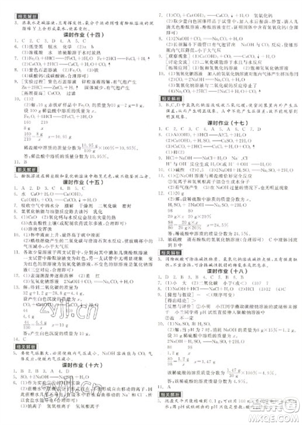 陽光出版社2023全品學練考九年級下冊化學人教版參考答案